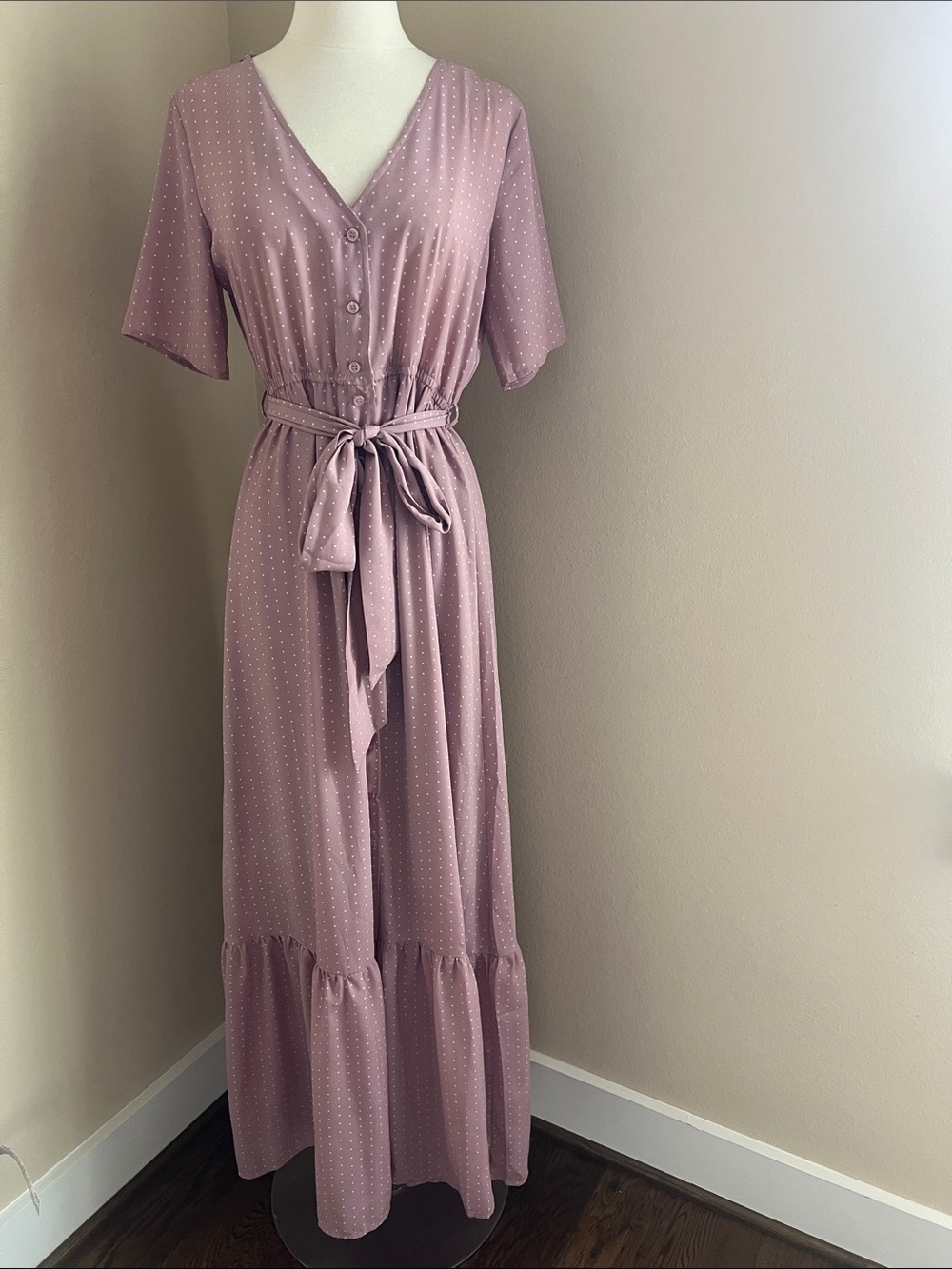 Mauve Polka Dot Maxi Dress with Tie Waist